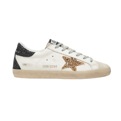 Golden Goose Super-Star with Gold Glitter Star and Black Glitter heel tab