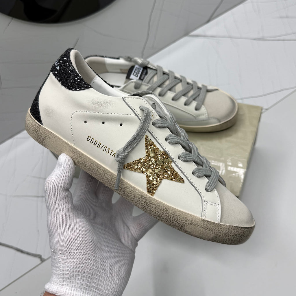 Golden Goose Super-Star In nappa Leather with Gold Glitter Star and Black Glitter heel tab