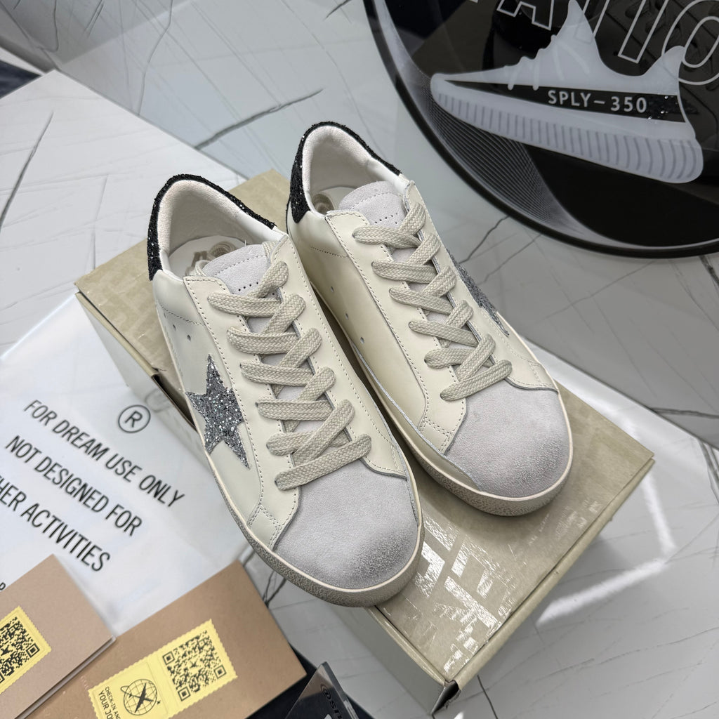 Golden Goose Super-Star With Silver Glitter Star and Black Glitter Heel