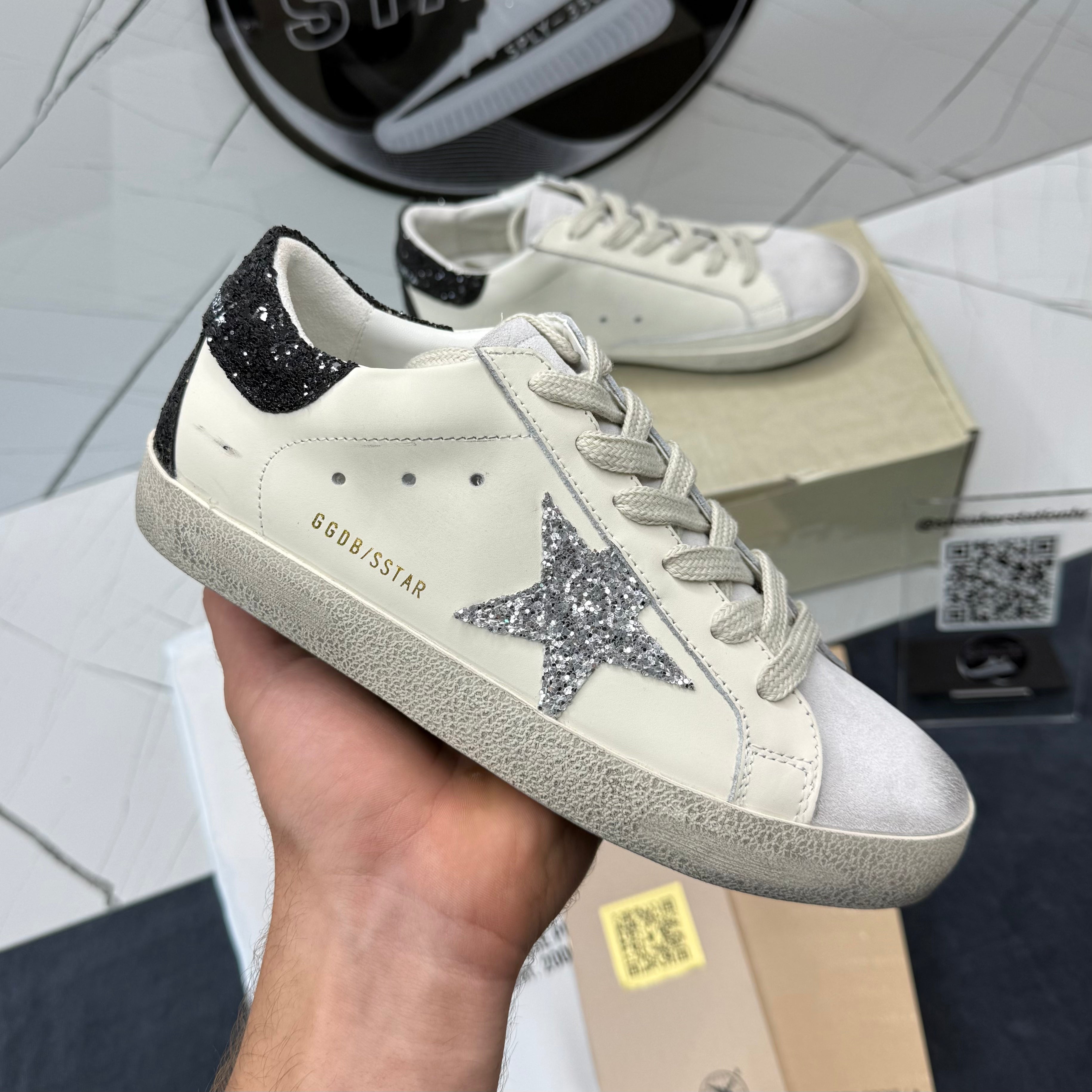 Golden Goose Super-Star With Silver Glitter Star and Black Glitter Heel
